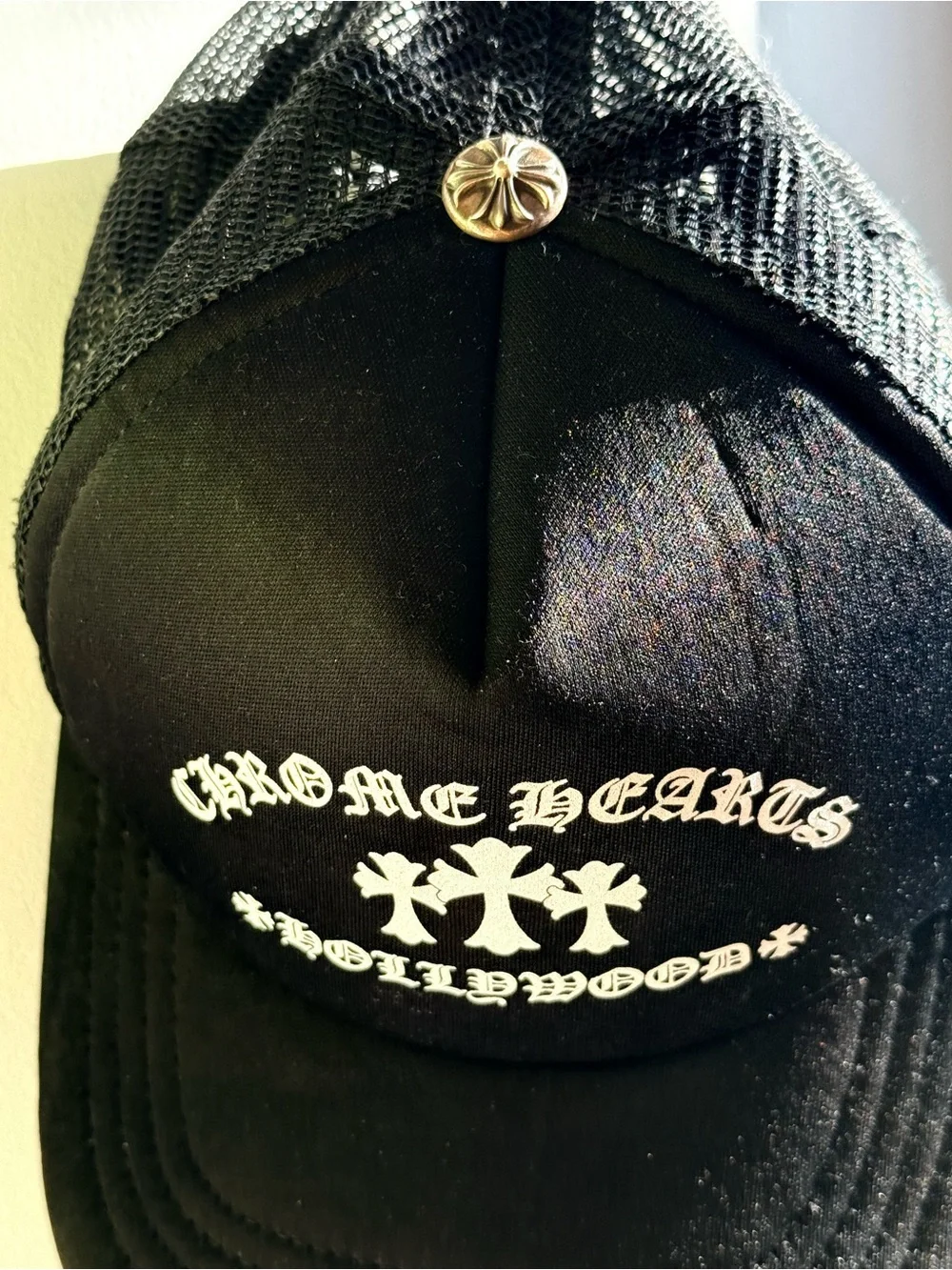 New Vintage Y2K Chrome Hearts Black Trucker Hat with White Gothic Logo w serial#